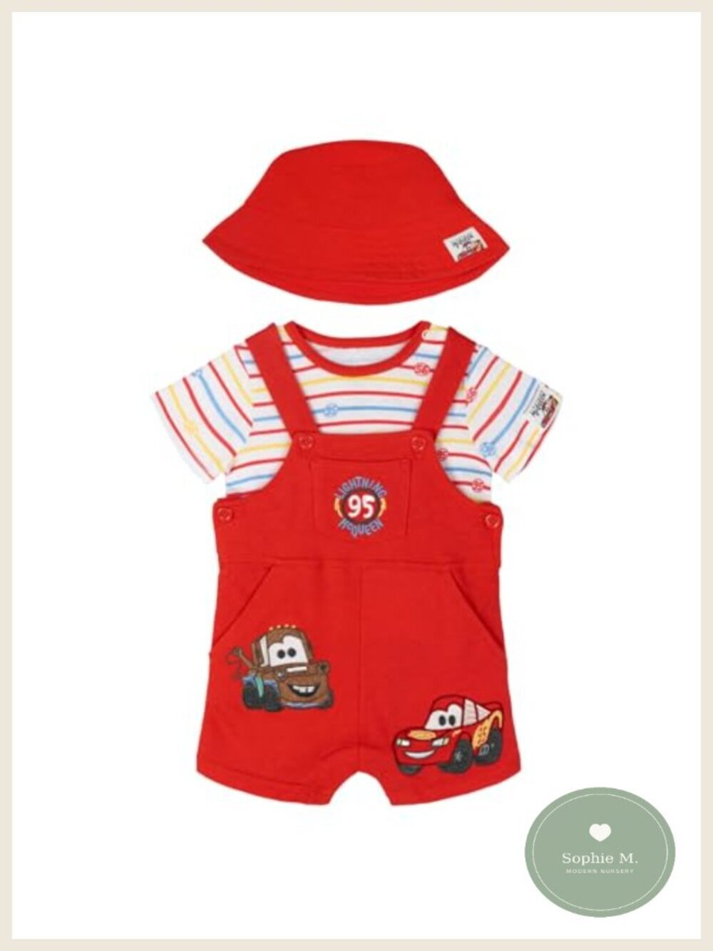 Disney Cars Baby Boys 3-Piece Shortall Set with Bucket Hat
